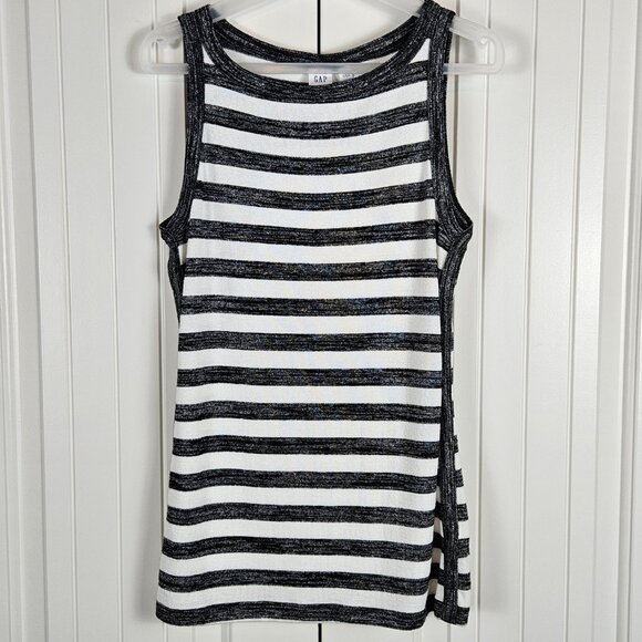 GAP Women’s Size XS Black & White Stripe Marled Knit Stretch Tank Top Boatneck - Picture 1 of 6